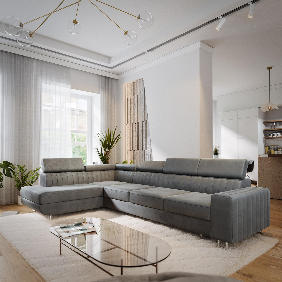 ECKSOFA HESTION Grau Velours-Stoff mit Schlaffunktion - Grau, Holz (332/190cm) - MASSENO
