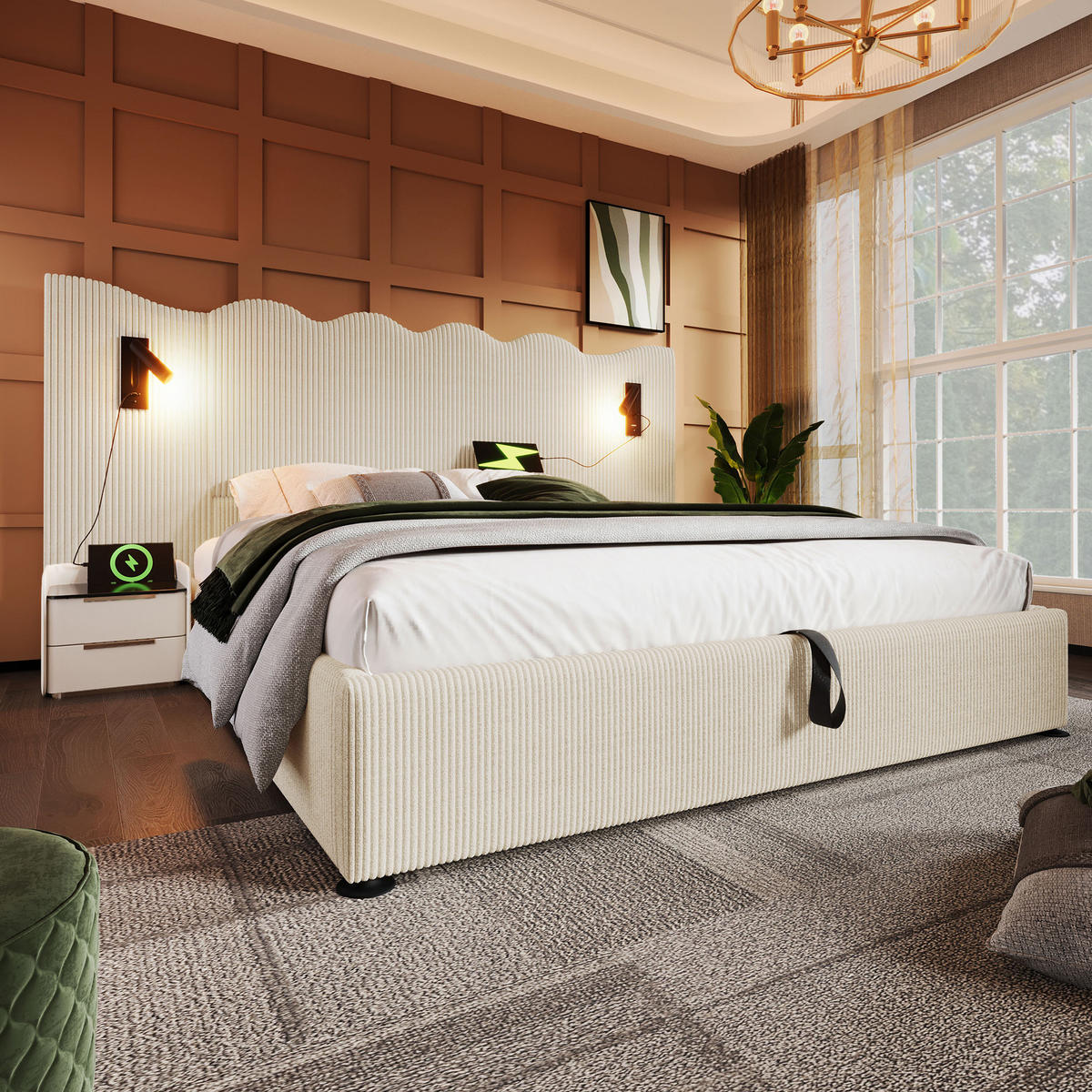 POLSTERBETT aus Cordstoff 180x200 cm Beige-Weiß mit Stauraum, Leselampe und USB-C - Beige, Textil (180/200cm) - IVMEU