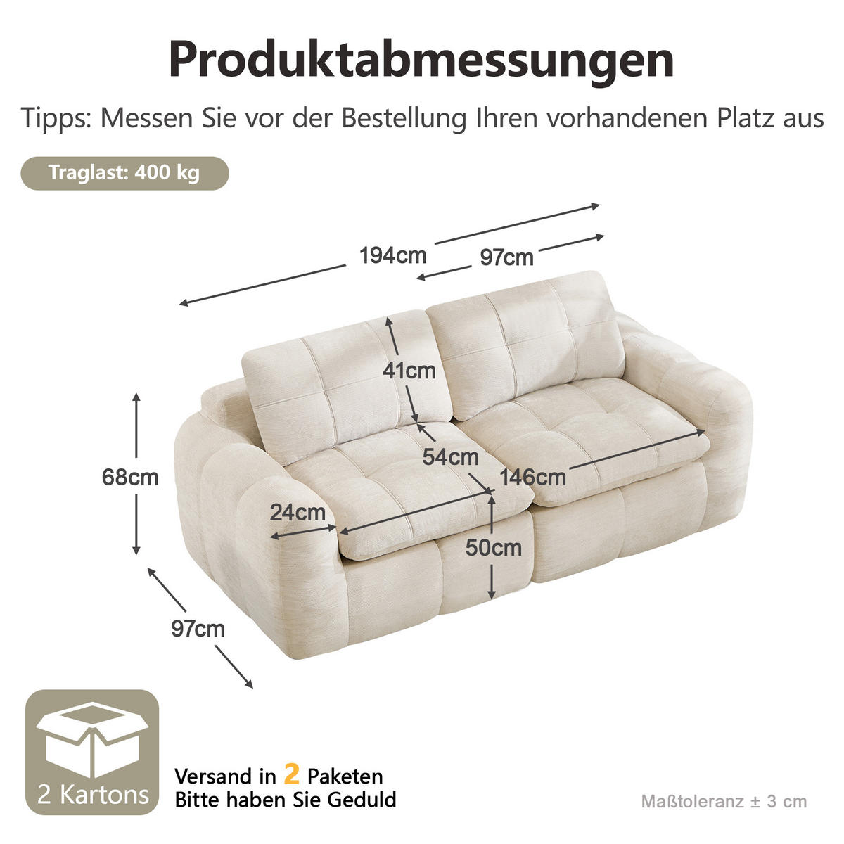 2-SITZER-SOFA DE-34464 quadratische Tuftung und 32D-Schaum Beige - Beige, Textil (97/68/194cm) - ComfortXL