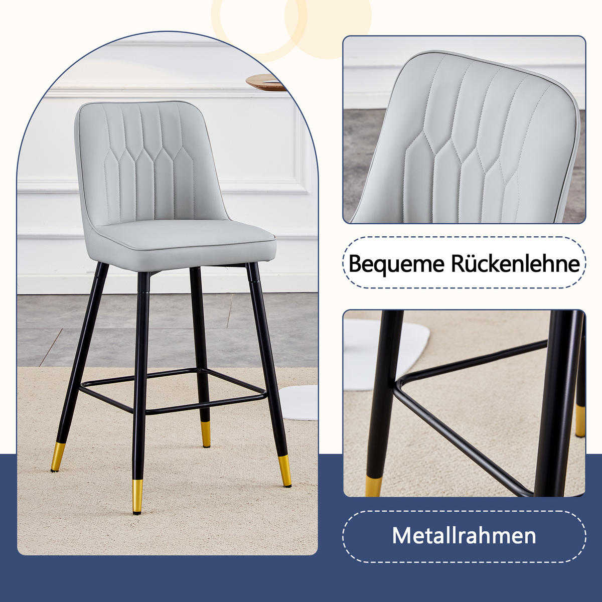 BARHOCKER 2er-Set Hellgrau mit PU-Leder und Fußraste - Hellgrau, Metall (42/100/45cm) - PANGIVO
