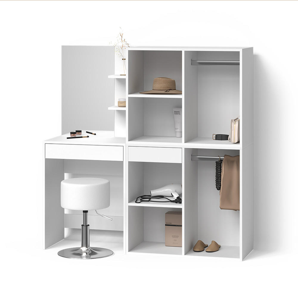 SCHMINKTISCH Nola Weiß 140 cm mit Hocker und Schrank - Weiß, Holzwerkstoff (140/140/40cm) - Livinity®