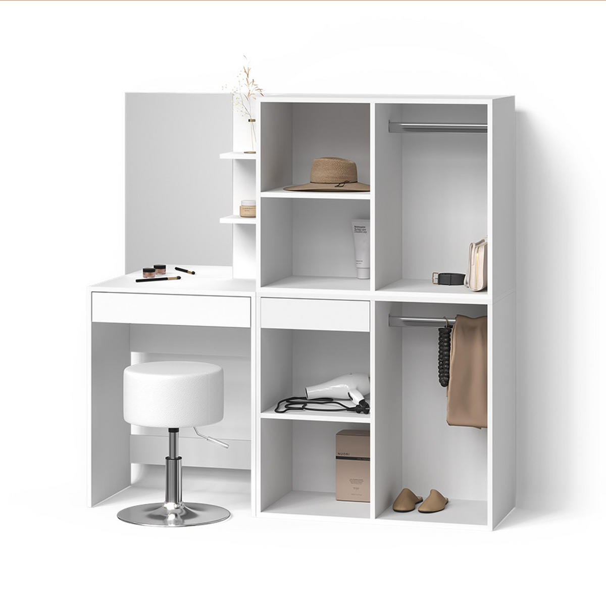 SCHMINKTISCH Nola Weiß 140 cm mit Hocker und Schrank - Weiß, Holzwerkstoff (140/140/40cm) - Livinity®