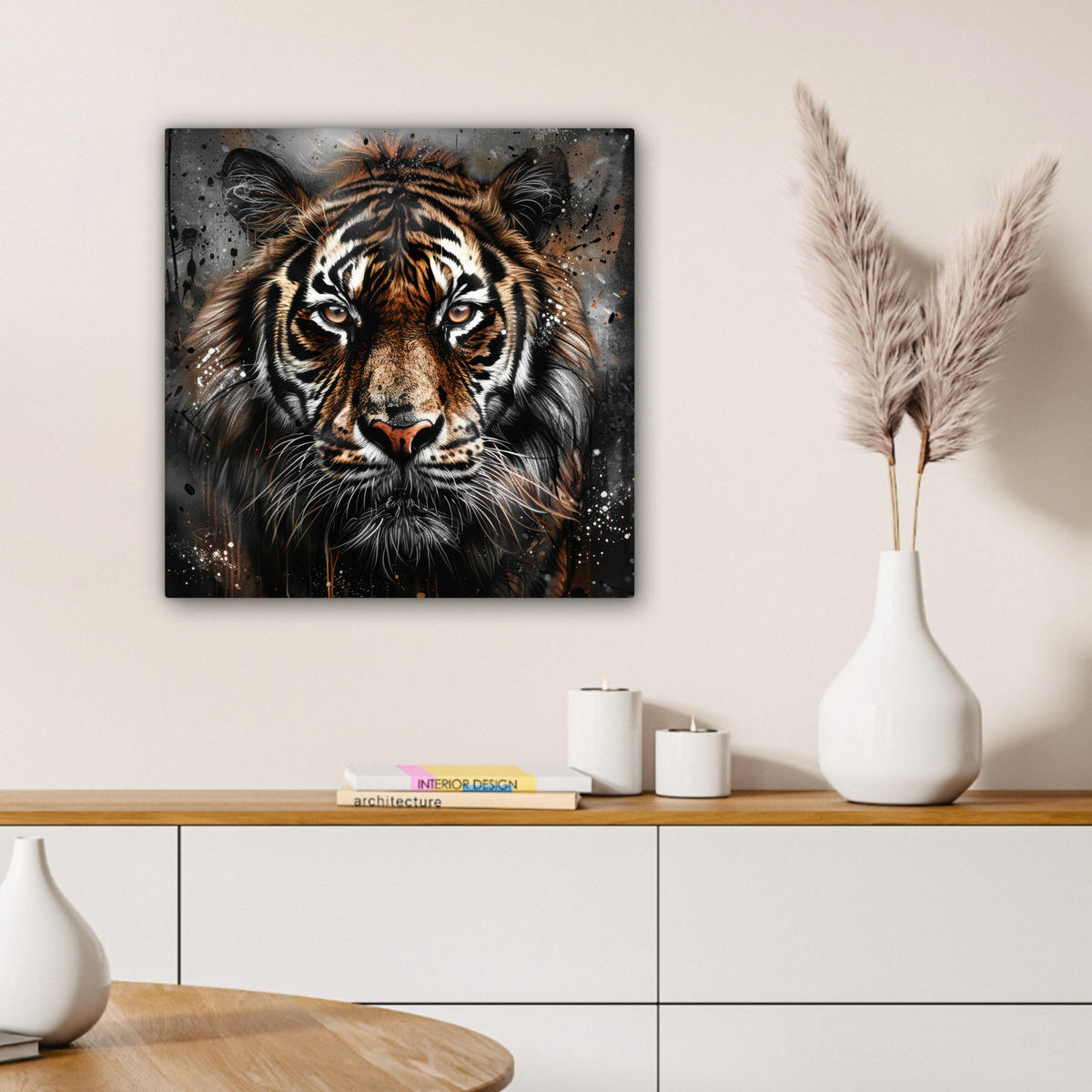 LEINWANDBILD Tiger - Tiere - Porträt - Luxus - Schwarz 50x50 cm - Anthrazit, Textil (50/50cm) - MuchoWow