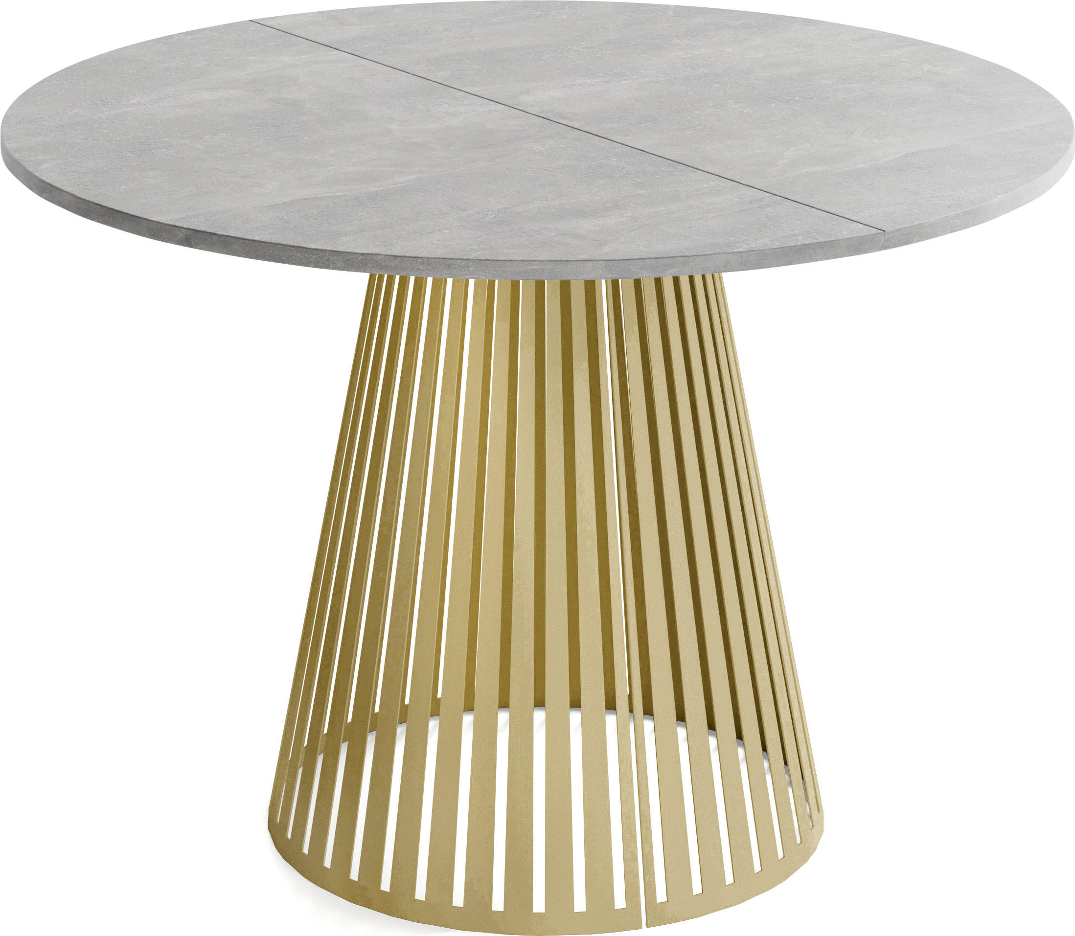 ESSTISCH Naro rund ausziehbar mit Goldenem Lamellen-Metallgestell, Grauer Beton 120-200/120/76 cm - Goldfarben/Hellgrau, Holzwerkstoff/Metall (120/120/76cm) - WFL GROUP