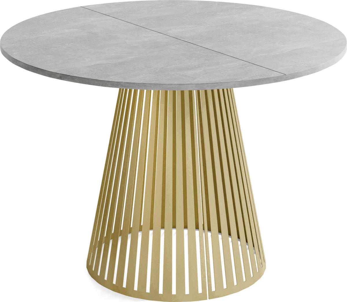 ESSTISCH Naro rund ausziehbar mit Goldenem Lamellen-Metallgestell, Grauer Beton 120-200/120/76 cm - Goldfarben/Hellgrau, Holzwerkstoff/Metall (120/120/76cm) - WFL GROUP