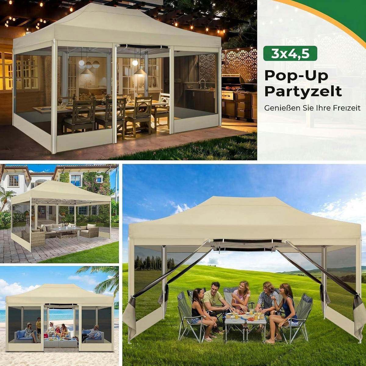 FALTPAVILLON 3 x 4,5 m Khaki Wasserdicht mit Moskitonetz - Olivgrün, Textil (300/335/450cm)