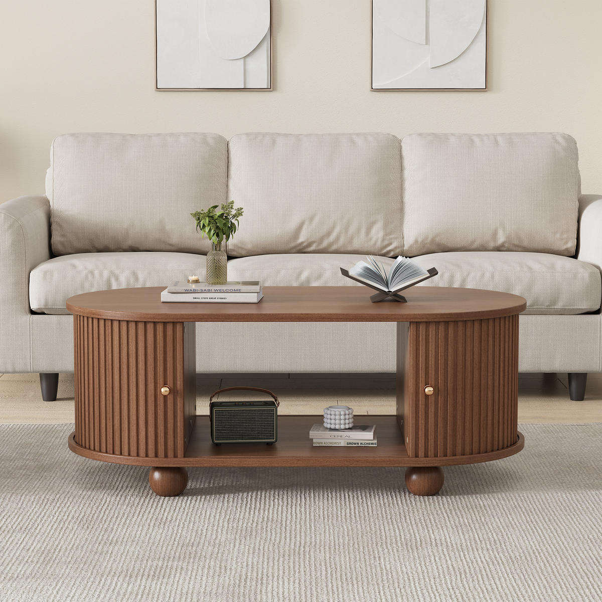 COUCHTISCH mit Stauraum und Schiebetüren Multifunktionsmöbel 100/50/40 cm - Walnussfarben, Holz/Holzwerkstoff (100/50/40cm) - EVRYAE