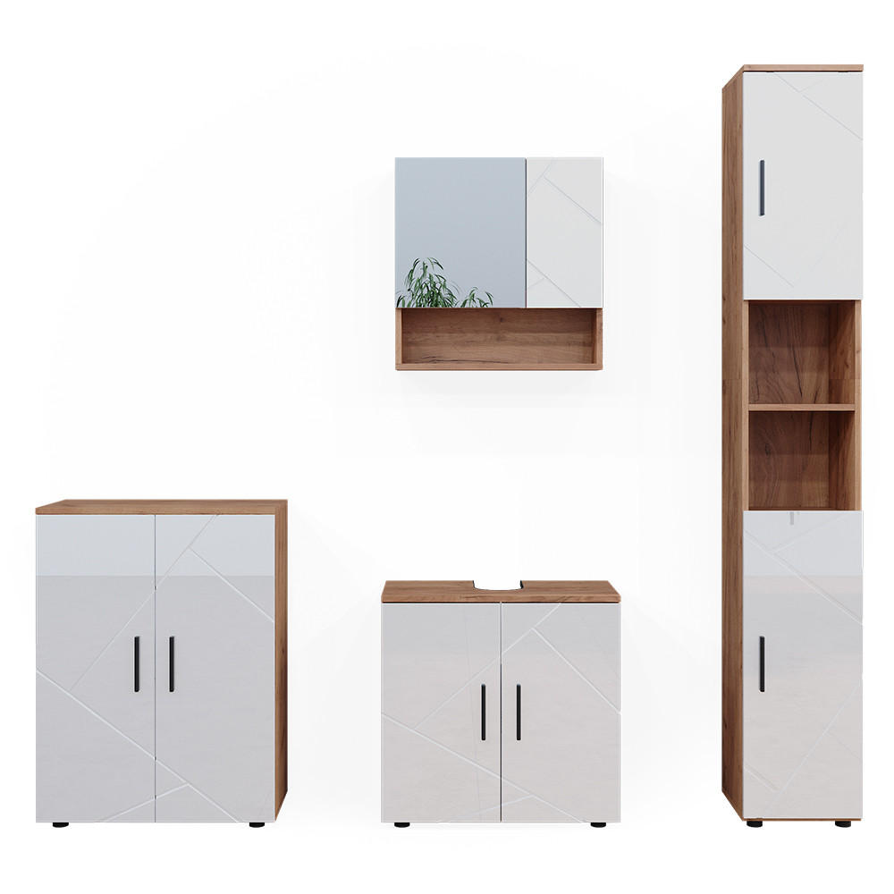 BADMÖBEL-SET Irma Weiß Hochglanz/Goldkraft Eiche 4 Teile und Kommode - Weiß Hochglanz/Eiche Wotan, Holzwerkstoff (80/58.6/41cm) - Vicco
