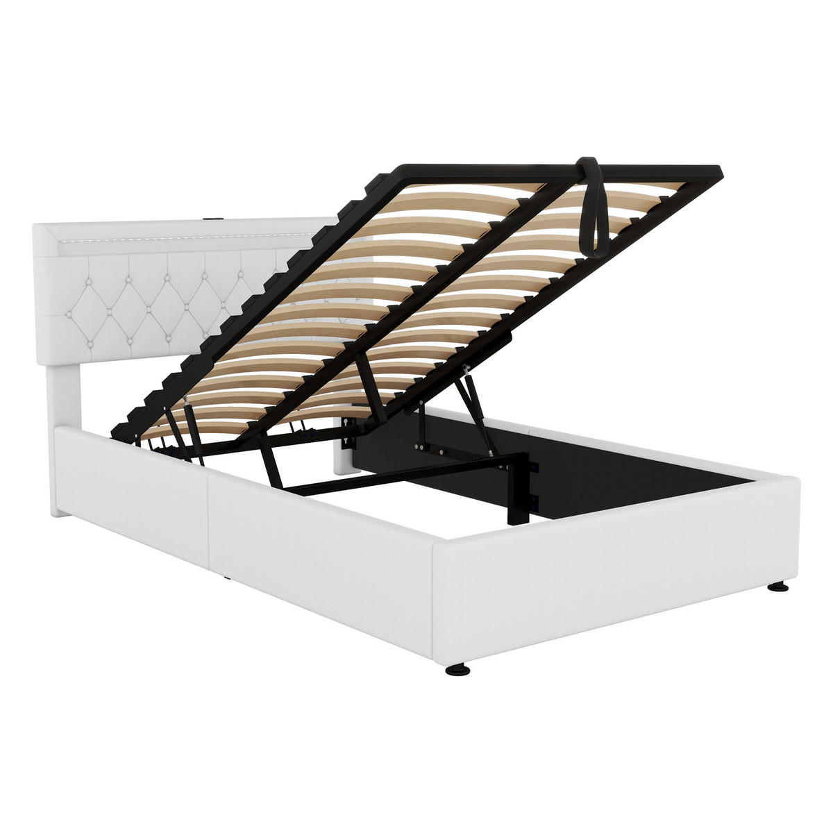 FLACHBETT 140x200cm Weiß gepolstert LED Hydraulik USB-C Stauraum - Weiß, Holz (140/200cm) - FLIEKS