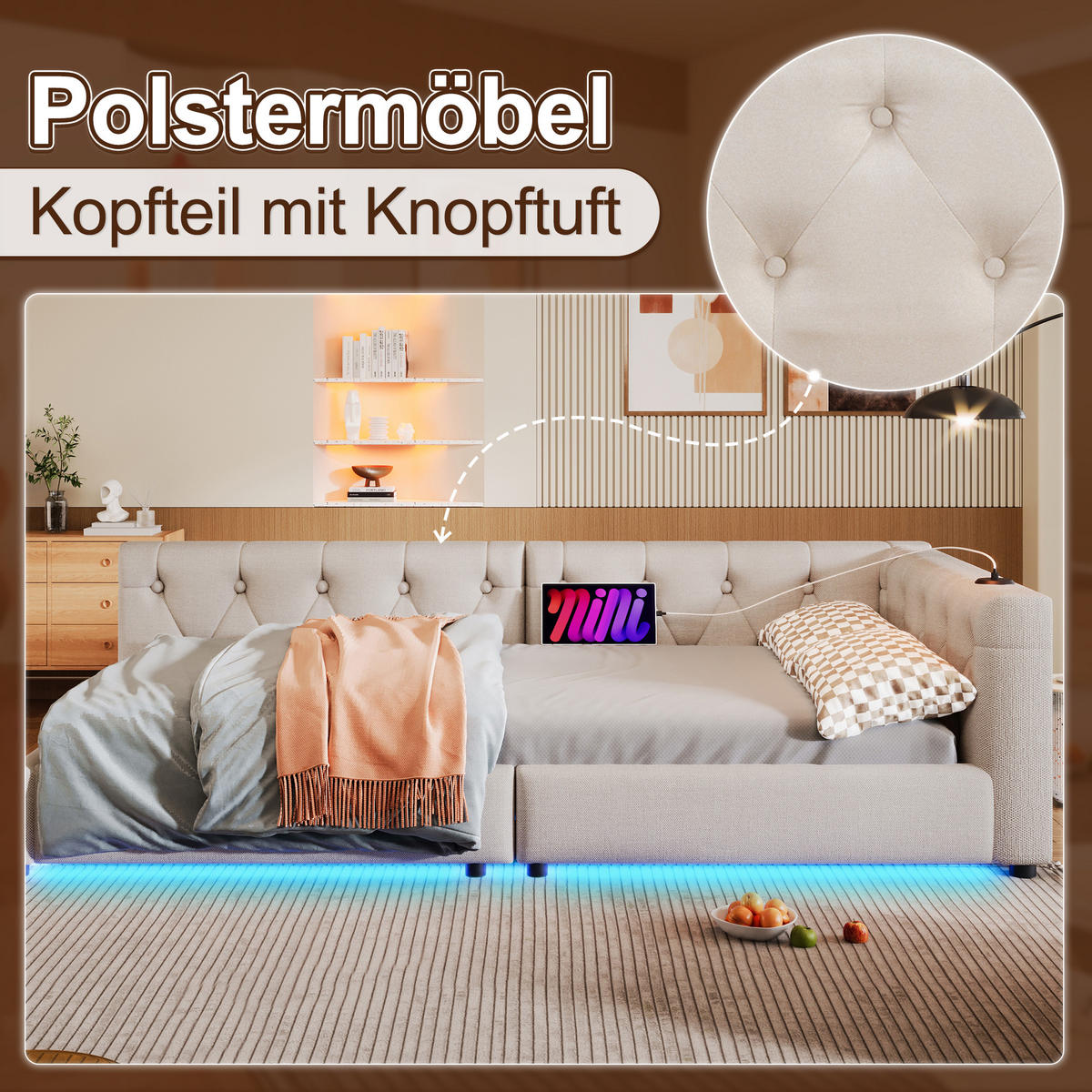 SCHLAFSOFA 90x200cm Beige Leinen LED-Licht Kopfteil USB-C - Beige, Holz (90/200cm) - FLIEKS