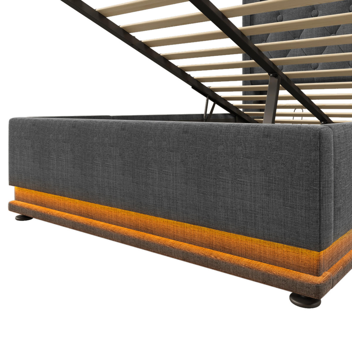 POLSTERBETT aus Leinen 90x200 cm Grau mit LED, USB-C und Bettkasten - Grau, Textil (90/200cm) - IVMEU