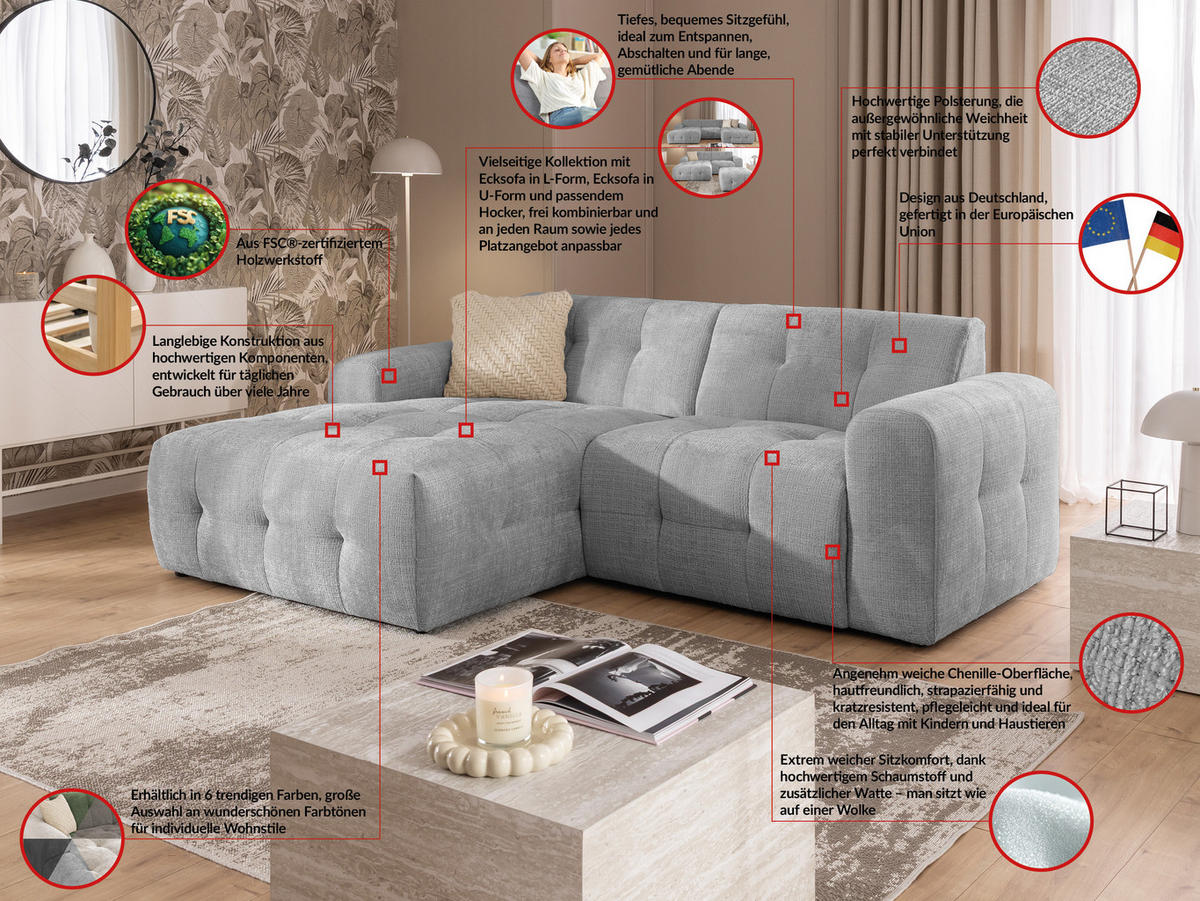 ECKSOFA inkl. Hocker Kozy im Bumpy-Design mit Schlaffunktion und fester Rückenlehne aus weichem Hellgrau Chenille-Stoff - Ottomane links - Hellgrau/Schwarz, Holz/Kunststoff (161/234cm) - S-Style Möbel