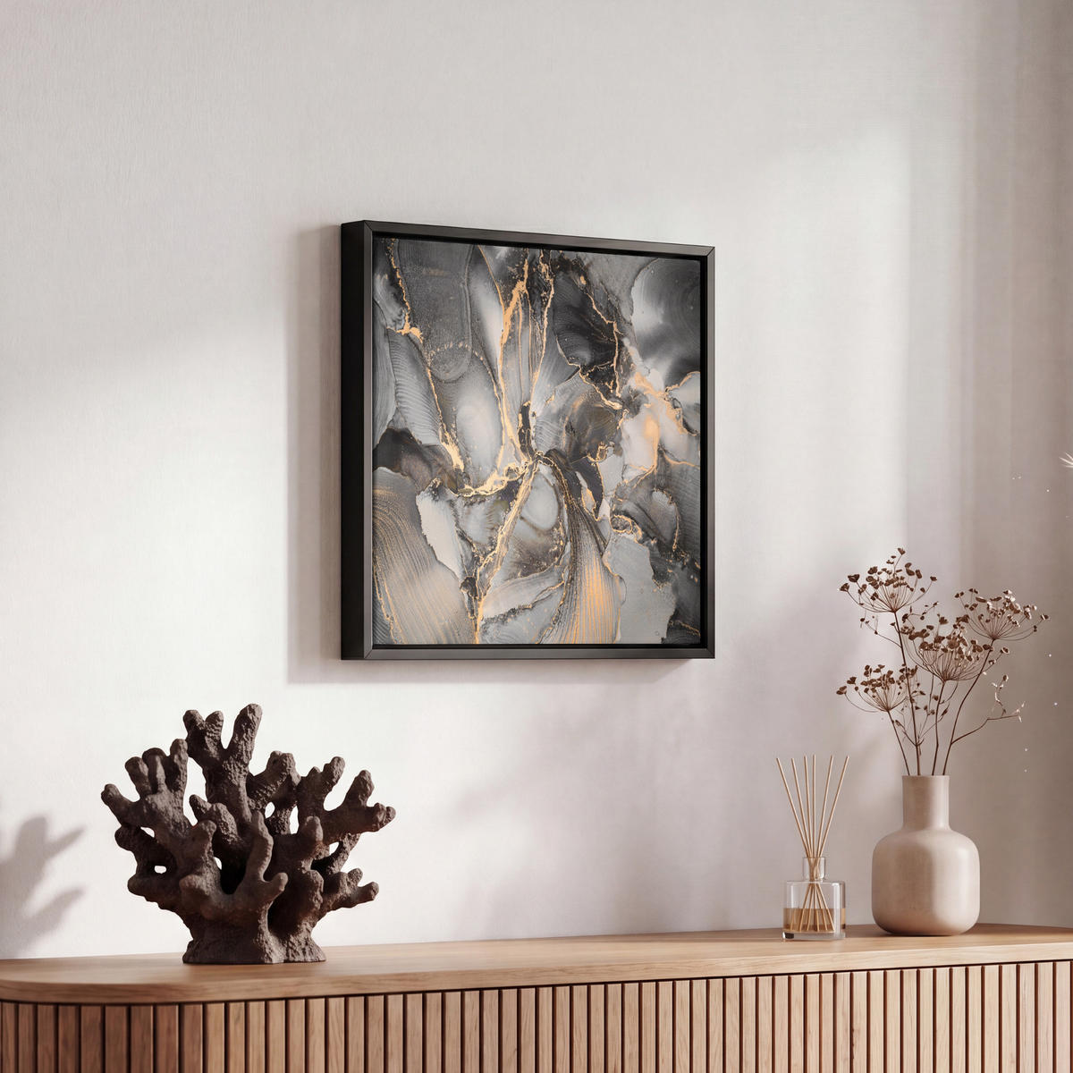 LEINWAND Bilder mit Rahmen - Grau - Luxus - Gold - Marmor - 20x20 - Dunkelgrau, Textil (20/20cm) - MuchoWow