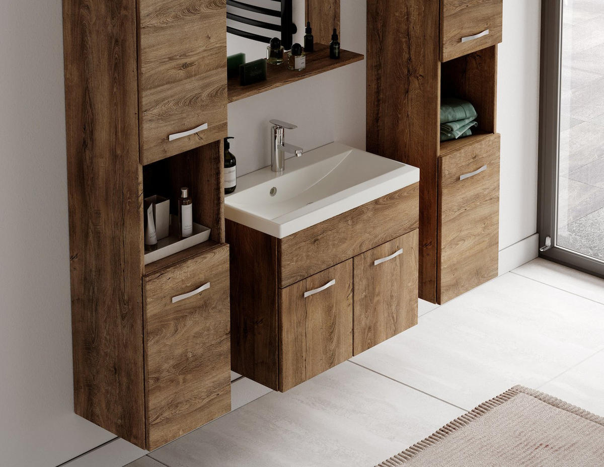 BADMÖBEL-SET Montreal 5 Teile Braun Eiche - 60 x 35 x 51 cm - Chromfarben/Braun, Holz/Metall (60/51/35cm) - Badplaats