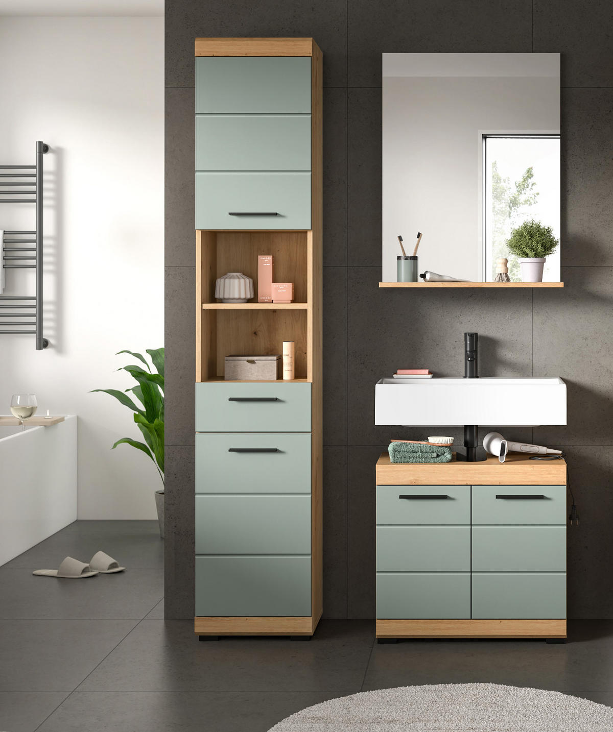 WASCHBECKENUNTERSCHRANK Salbei grün, Eiche Artisan 60 cm mit Rillenoptik - Salbeigrün/Schwarz, Holzwerkstoff/Kunststoff (60/56/34cm) - Inn.Furn
