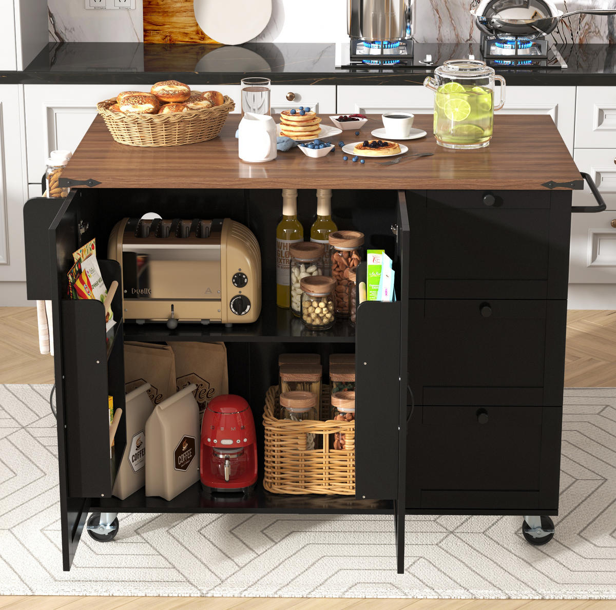 KÜCHENINSEL aus MDF 140x45x92,5 cm Schwarz mit klappbarer Arbeitsplatte, 5 Rollen und 3 Schubladen - Schwarz, Holzwerkstoff (140/92.5/45cm) - Modfu