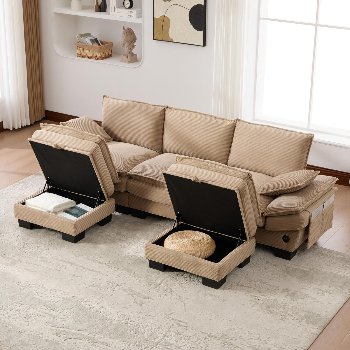 3-SITZER Sofa aus Corduroy 260x132x84 cm mit 2 Hockern & USB-C, beige - Beige, Textil (132/84/260cm)