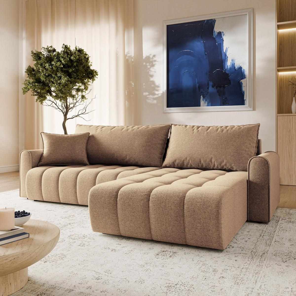 ECKSOFA FRIGA Beige Strukturstoff mit Schlaffunktion - Beige, Holz (283/185cm) - MASSENO