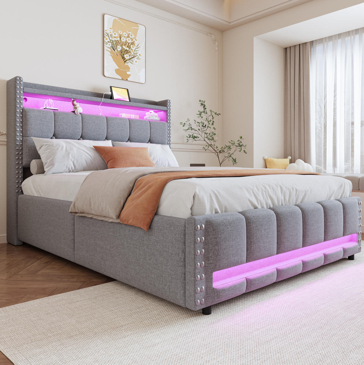 POLSTERBETT 140/200 cm Hellgrau mit LED-Beleuchtung und USB-Steckdose - Hellgrau, Textil (140/200cm) - OKWISH