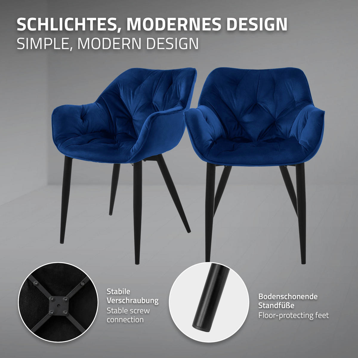 JÍDELNÍ ŽIDLE 2ks tmavě modrý samet - černá/tmavě modrá, kov (67/83/59cm) - ML-DESIGN