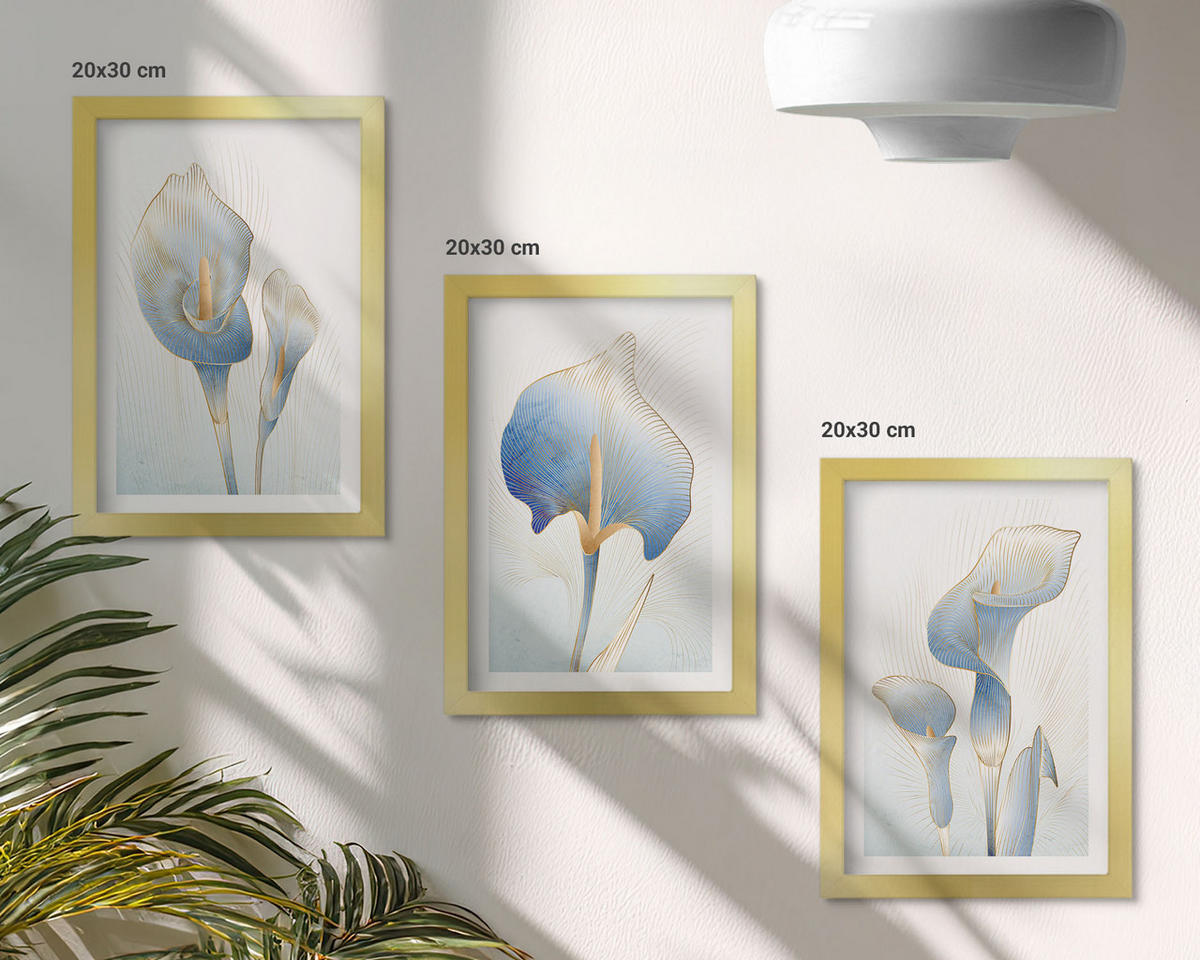 BILDER SET 3er Set - 20x30 cm Goldrahmen - Blaue Blumen im Hintergrund - Goldfarben, Kunststoff (20/30cm) - TULUP