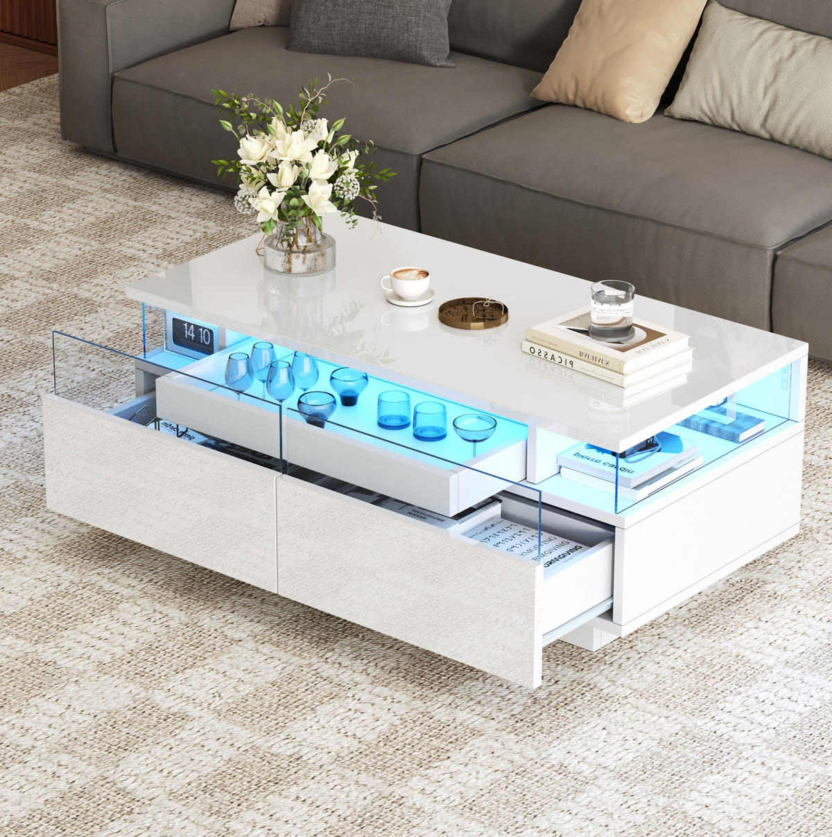 COUCHTISCH aus Spanplatte 90x45x35,5 cm Weiß mit LED, Tablett und 2 Schubladen - Weiß, Holzwerkstoff (90/45/35.5cm) - IVMEU