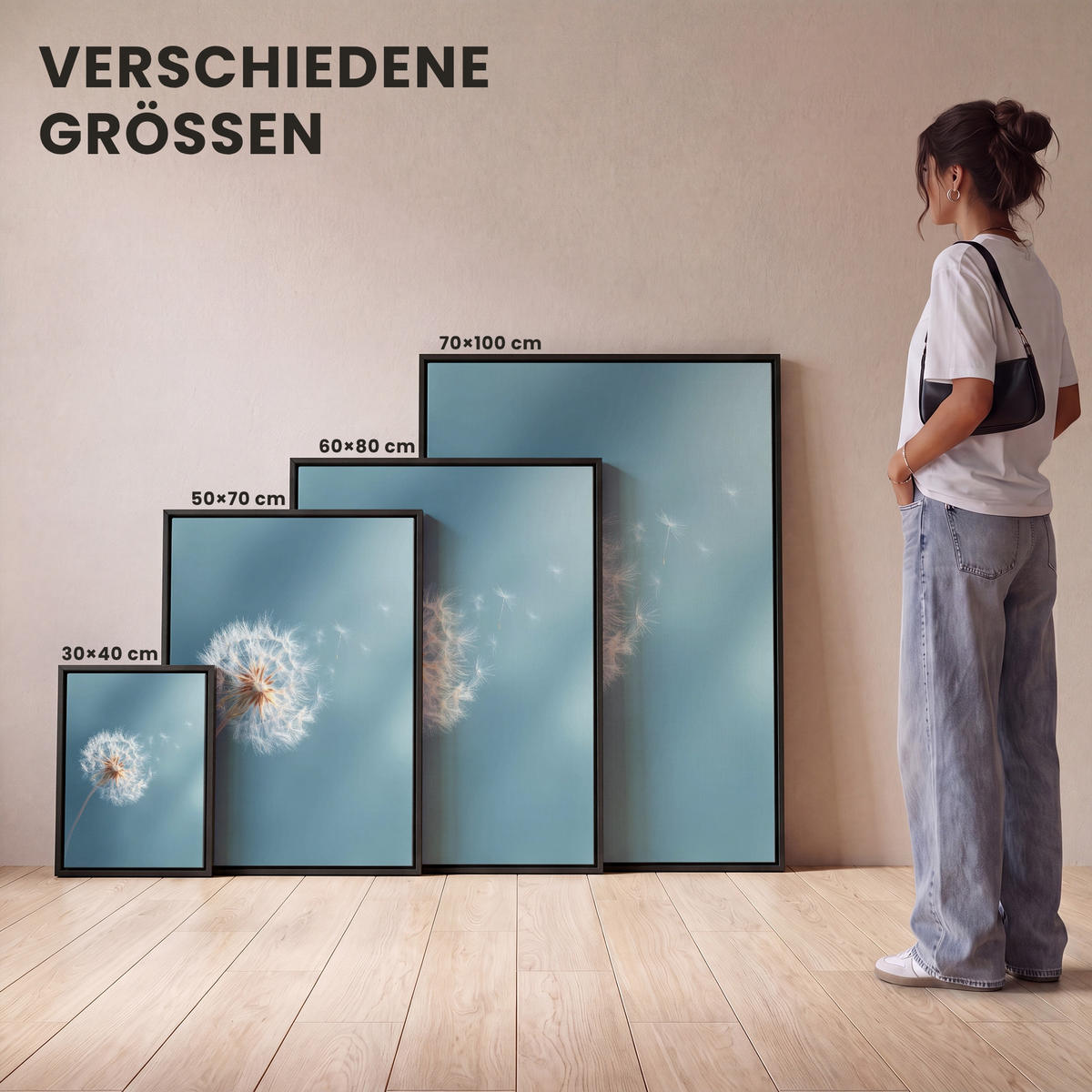 LEINWAND Bilder mit Rahmen - Löwenzahn - Wind - Blau - 50x70 - Blaugrau, Textil (50/70cm) - MuchoWow