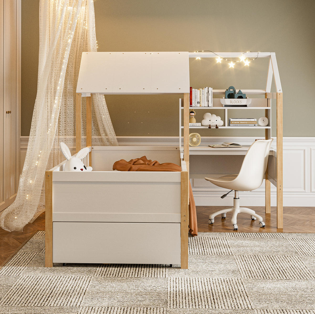 HAUSBETT 90/200 cm in Weiß mit Schreibtisch, Regal und Stauraum - Weiß, Holz (90/200cm) - Flora Grace