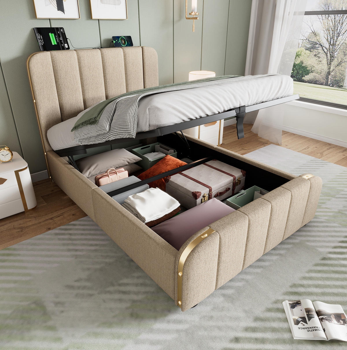 POLSTERBETT 90/200 cm Beige aus Leinen mit Stauraum und USB- und Type-C-Anschlüssen - Beige, Textil (90/200cm) - Flora Grace