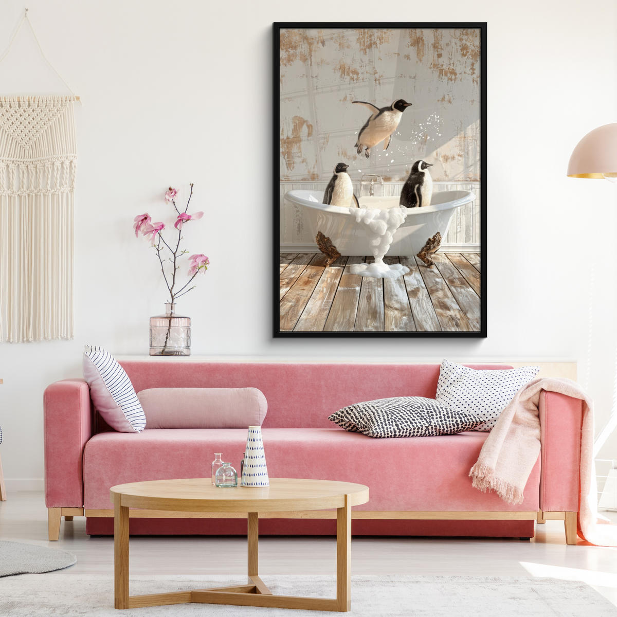 GERAHMTES BILD Vintage - Pinguin - Badewanne - Schaumstoff 80x120 cm - Schwarz, Papier (80/120cm) - MuchoWow