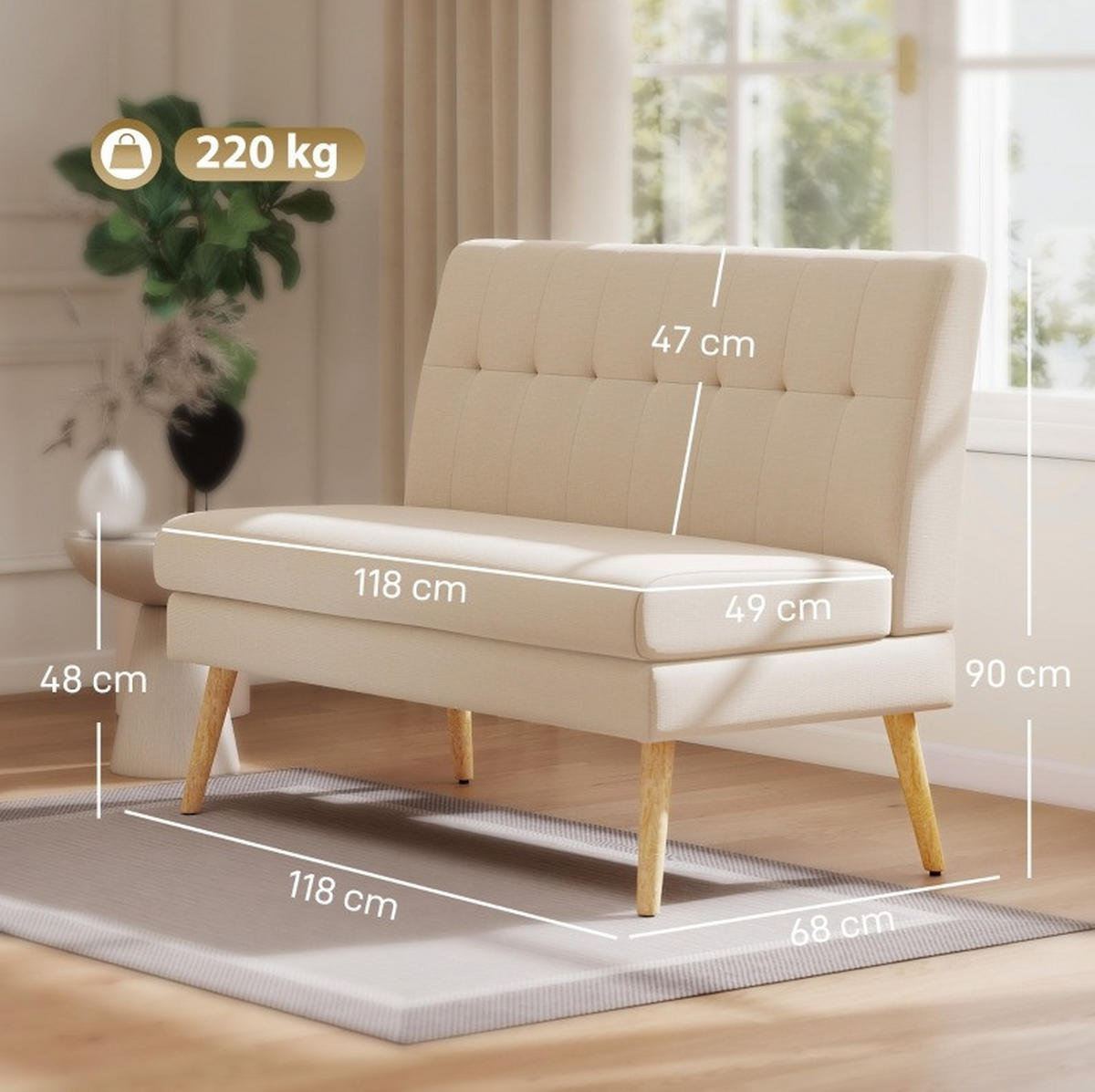 2-SITZER-SOFA aus Kautschukholz 118x68x90 cm in Beige mit getufteter Rückenlehne - Beige, Textil (68/90/118cm) - Modfu