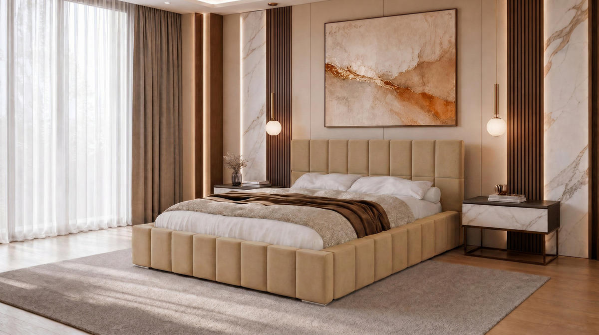 POLSTERBETT 200x200 cm, Alma, Doppelbett mit Bettkasten, Lattenrost aus Holz, Velourstoff, Beige - Beige, Holz/Textil (200/200cm) - Marpur