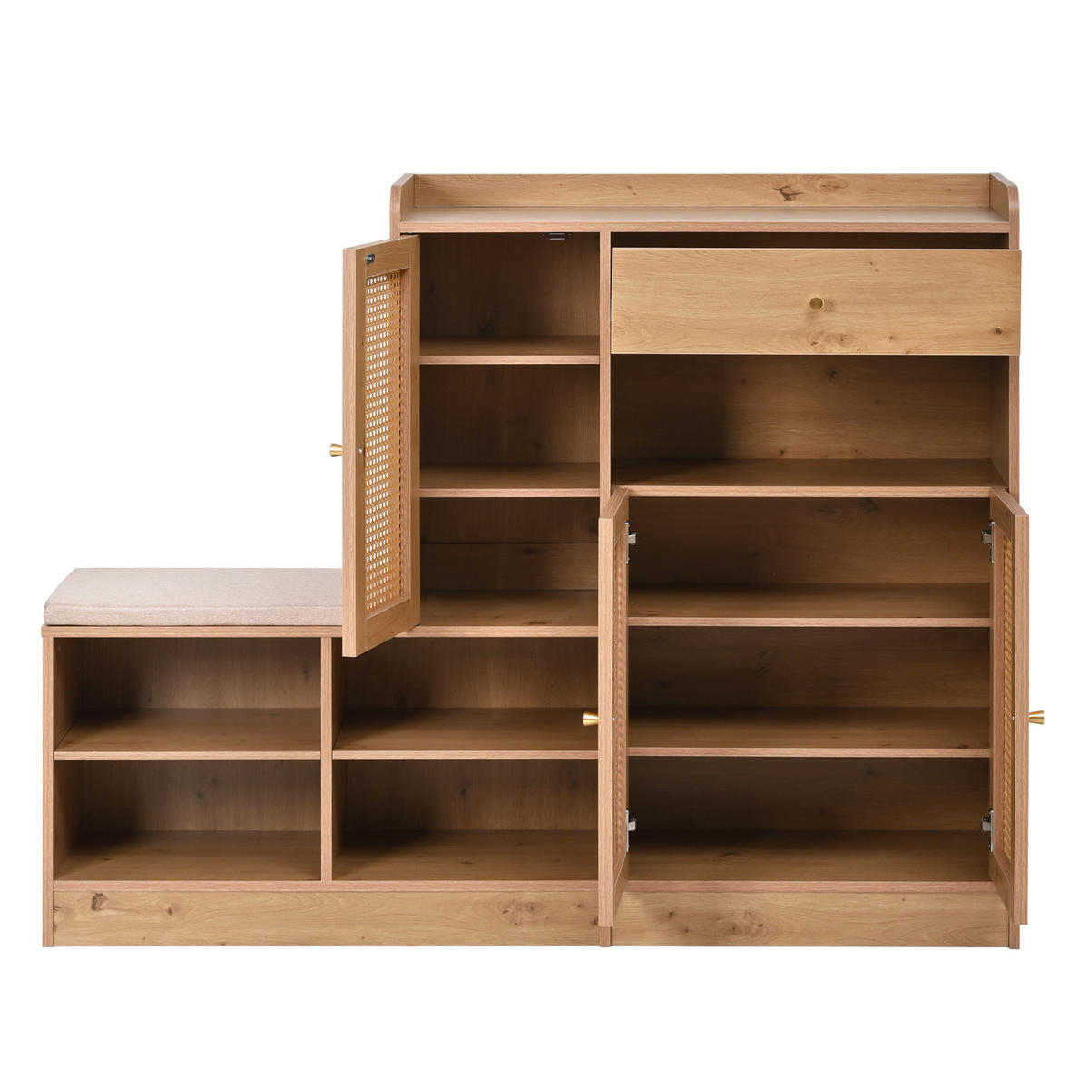 SCHUHSCHRANK 142/35/110 cm Natural aus Spanplatte mit Bank und Rattantüren - Naturfarben, Holzwerkstoff (142/110/35cm) - OKWISH