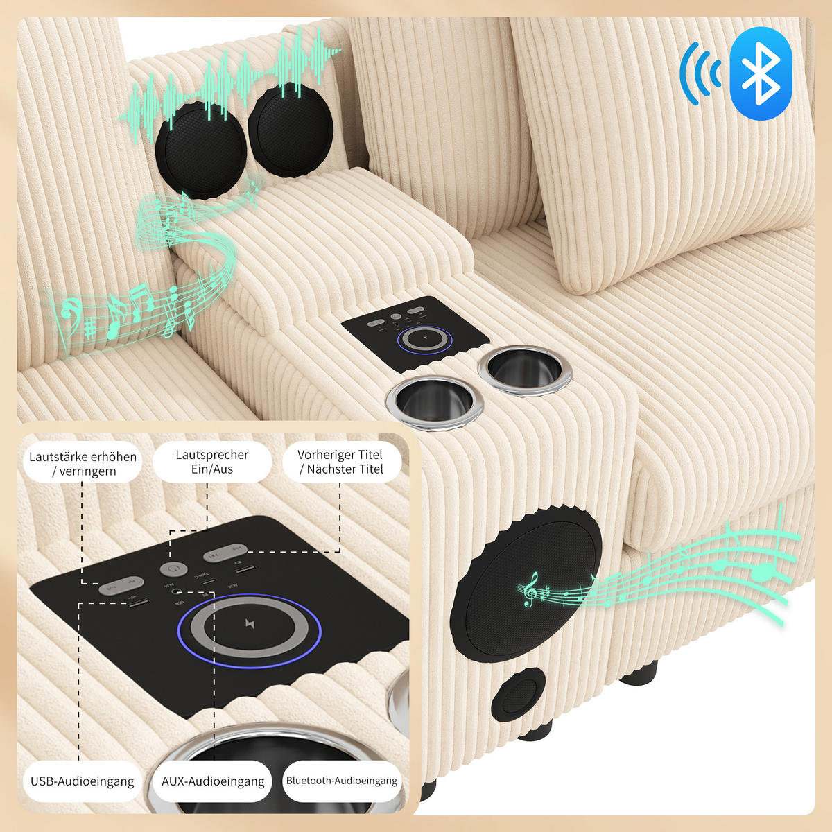 WOHNLANDSCHAFT Cord Beige mit Stauraum, Bluetooth, USB und Type-C - Beige, Holzwerkstoff/Kunststoff (315.5/84.5/144cm) - WISHDOR