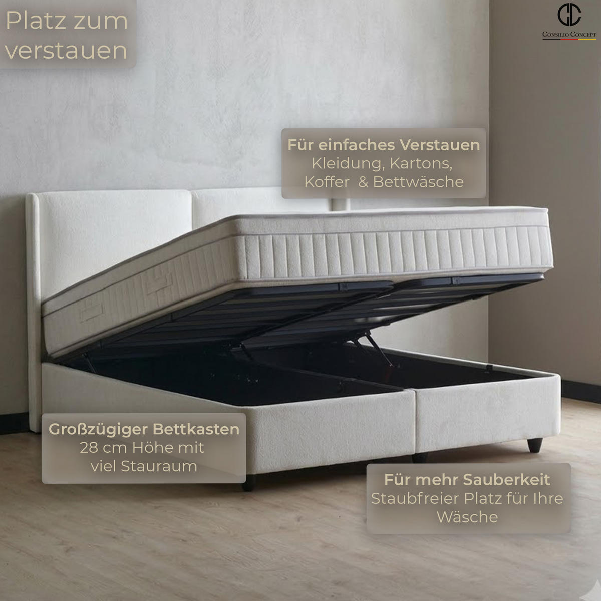 BOXSPRINGBETT MIT BETTKASTEN PISA 90/200 cm, Greige, Bettkasten, Matratze, Topper integriert, H3 mittel - Greige/Schwarz, Holz/Kunststoff (90/200cm) - Consilio Concept
