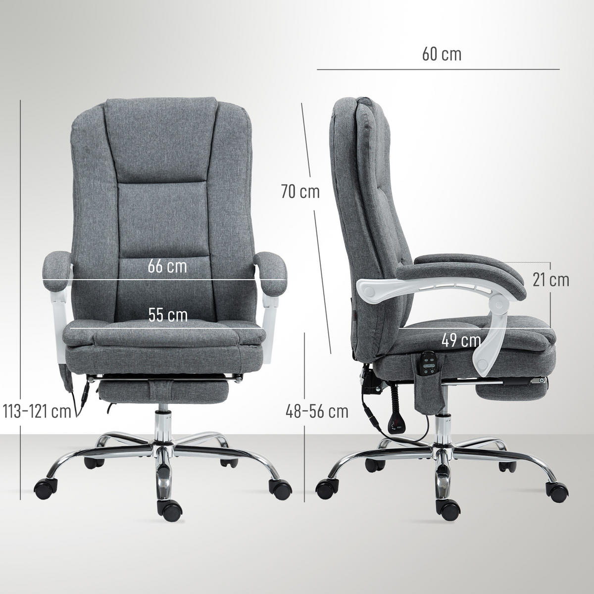 DREHSTUHL DE-11786 mit massage- & heizfunktion 66/60/113-121 cm Grau - Grau, Textil (60/121/66cm) - ComfortXL