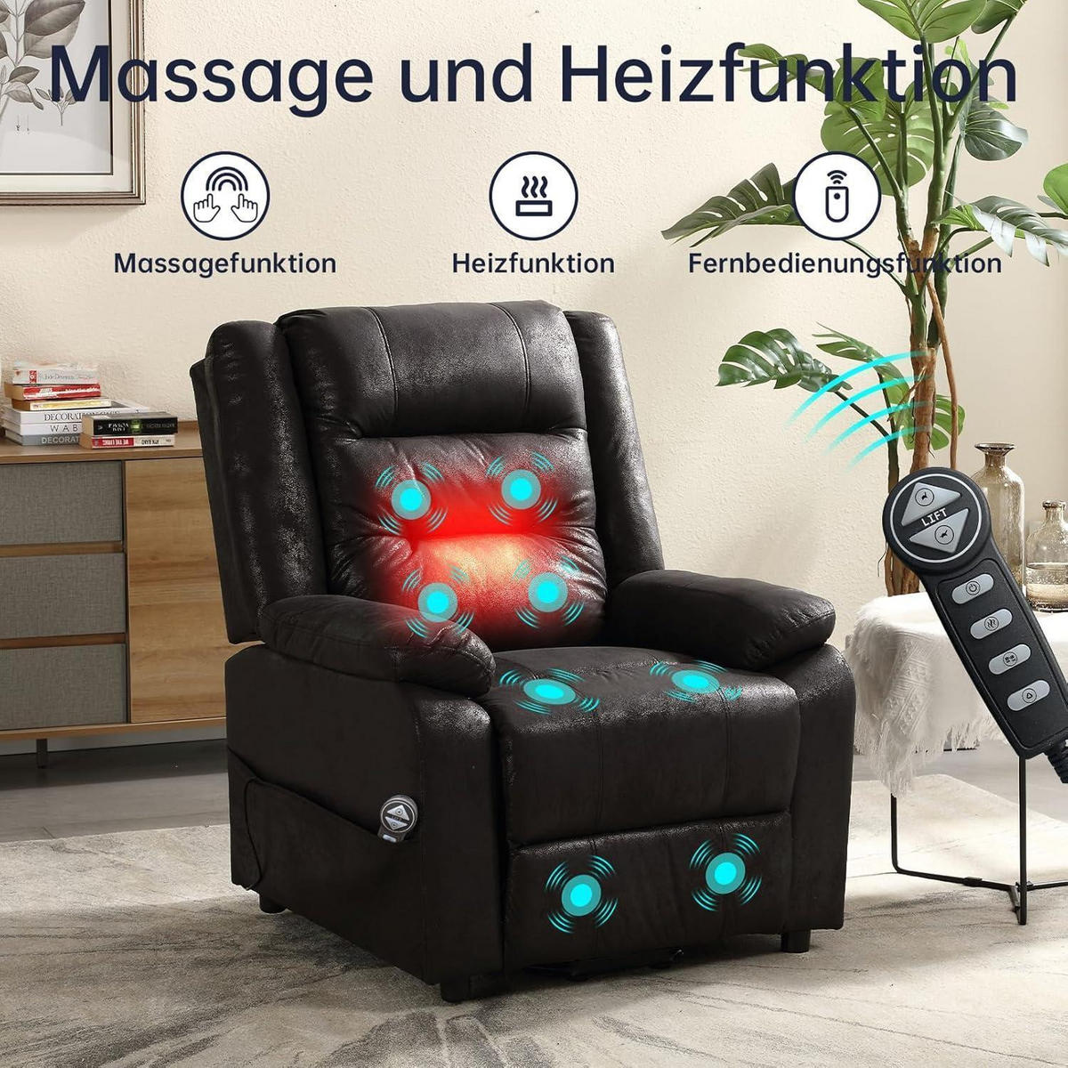 FERNSEHSESSEL mit Aufstehhilfe und Massagefunktion Schwarz - Schwarz, Kunststoff (84/137/164cm)
