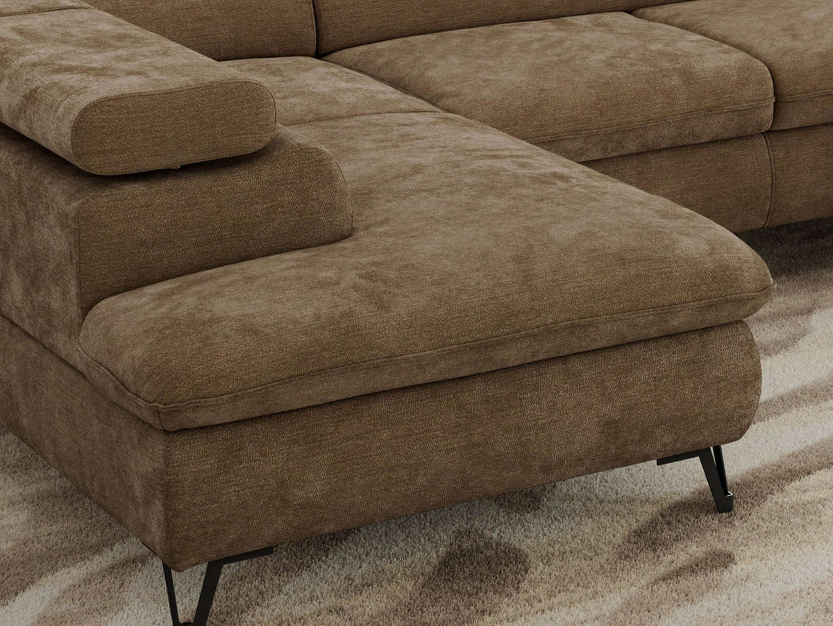 WOHNLANDSCHAFT PABLO U Schenille glatt Braun mit Topper Visco - Schwarz/Braun, Textil/Metall (346/76/208cm) - MKS