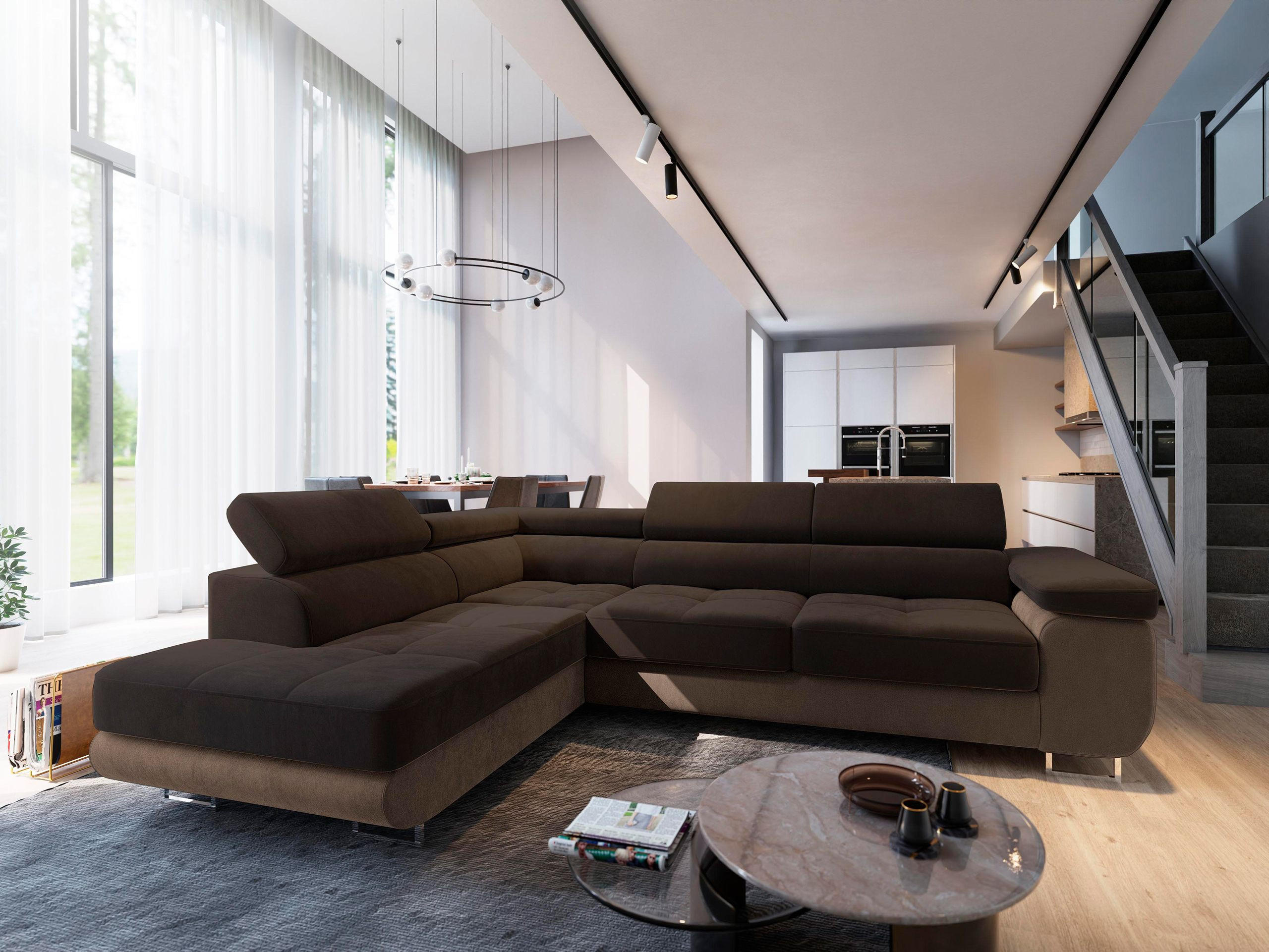 ECKSOFA SELVA L-S Braun Velours-Stoff mit Schlaffunktion - Braun, Holz (275/202cm) - MASSENO