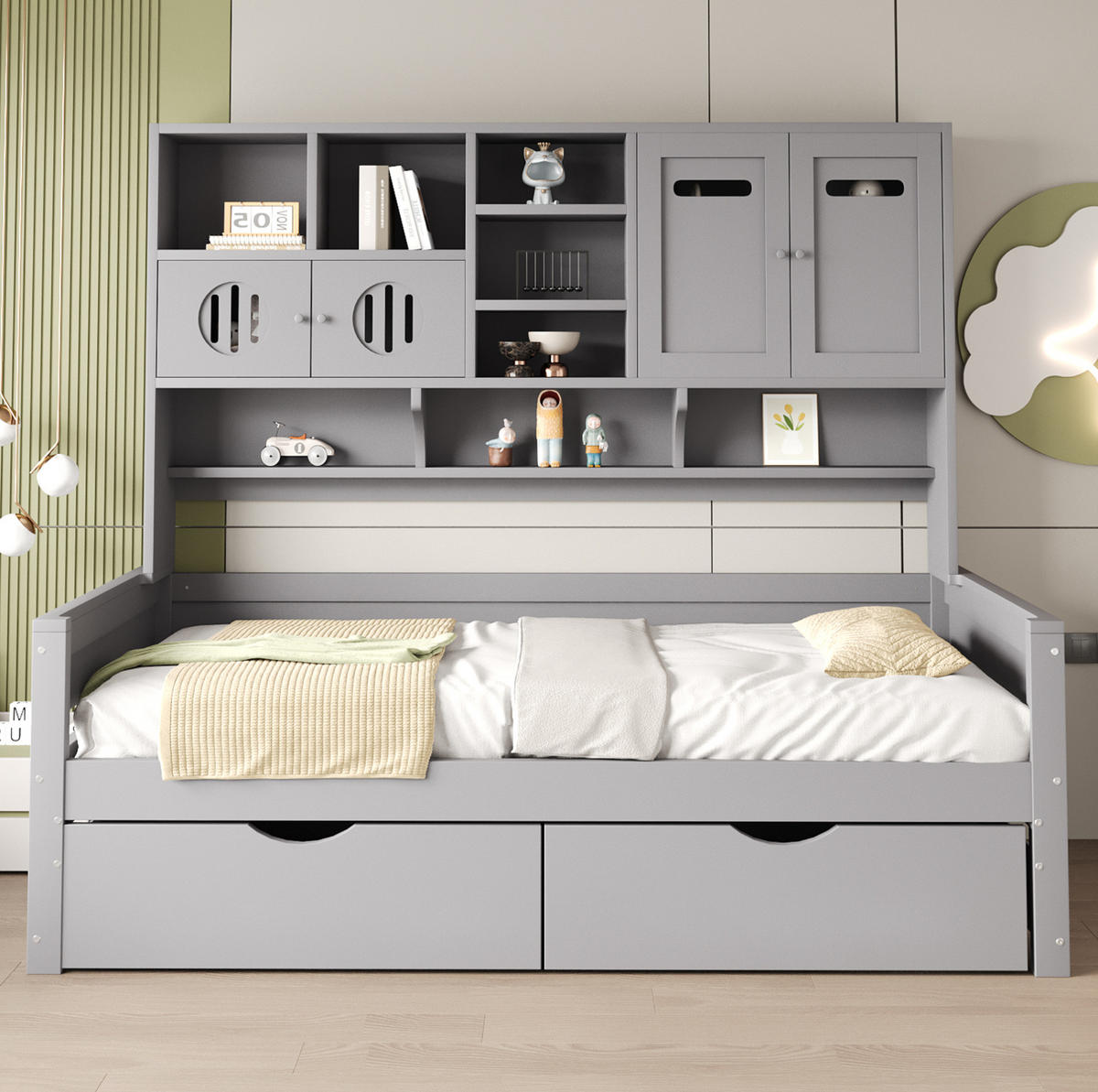 BETT 90/200 cm mit Stauraum und Schubladen Kiefernholz Grau - Grau, Holz (90/200cm) - OKWISH