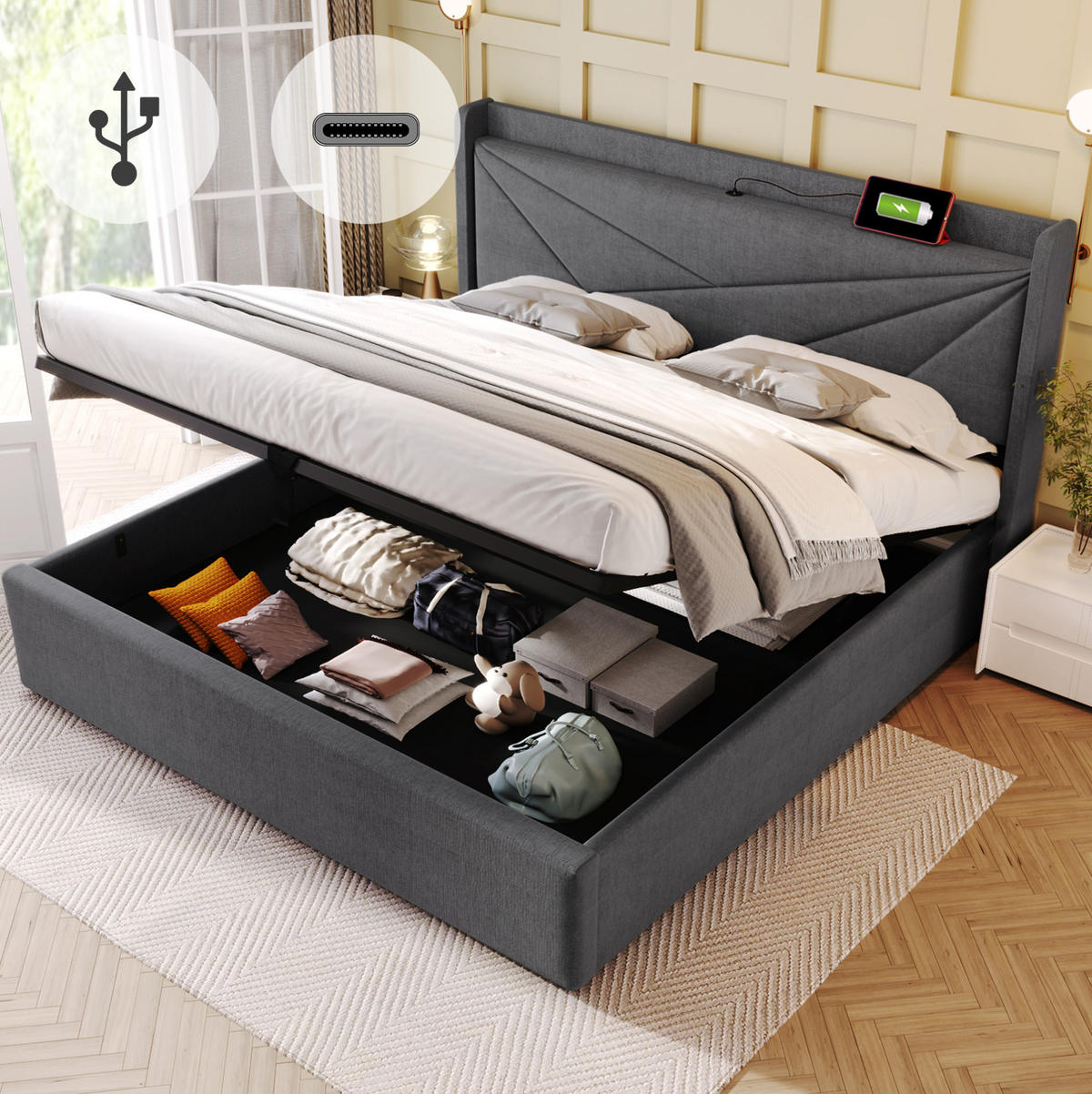 POLSTERBETT 180/200 cm Grau aus Baumwollleinen mit Bettkasten und USB Typ-C - Grau, Textil (180/200cm) - OKMYHOME