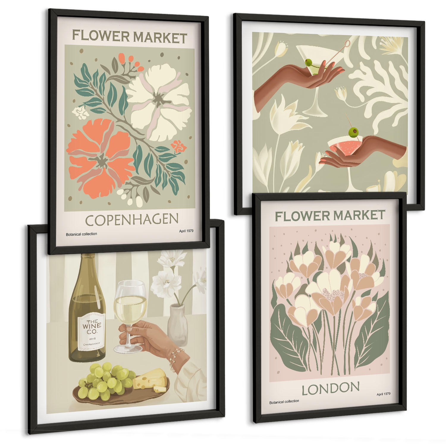 BILDER SET 4er Set - 50x50 cm & 40x60 cm Schwarzer Rahmen - Blumenposter Weinstadt - Schwarz, Kunststoff (50/50cm) - TULUP