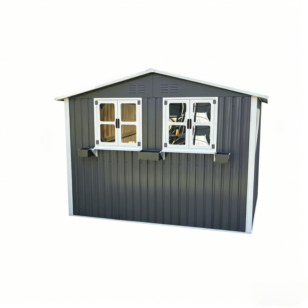GERÄTEHAUS 275.7/181.7/194.8 cm Anthrazitgrau mit 2 Fenstern und Blumenregal (4,33 m²) - Anthrazit, Metall (181.7/198.4/275.7cm) - Oxeza