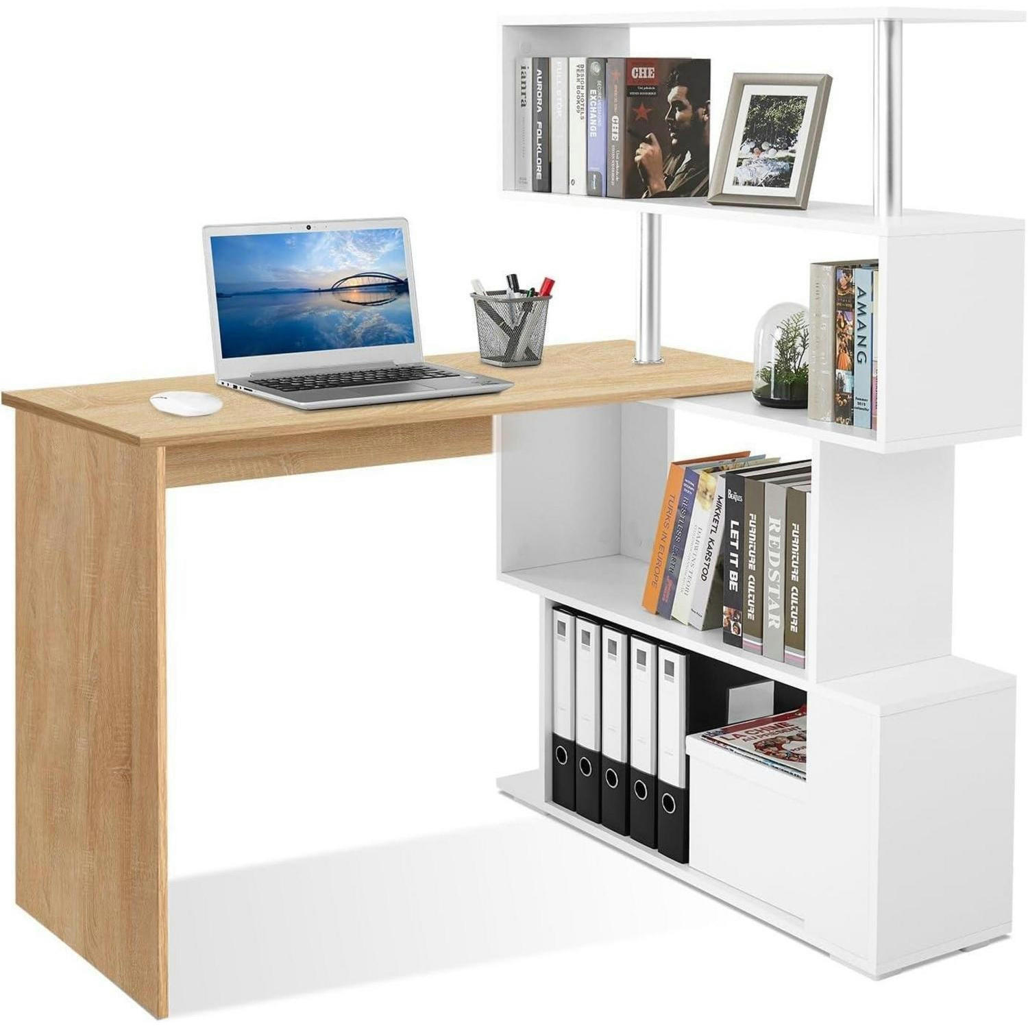 COMPUTERTISCH L-Form mit drehbarem Bücherregal Eiche/Weiß 157 x 45 x 130,5 cm - Multicolor, Holzwerkstoff (45/157/130.5cm)