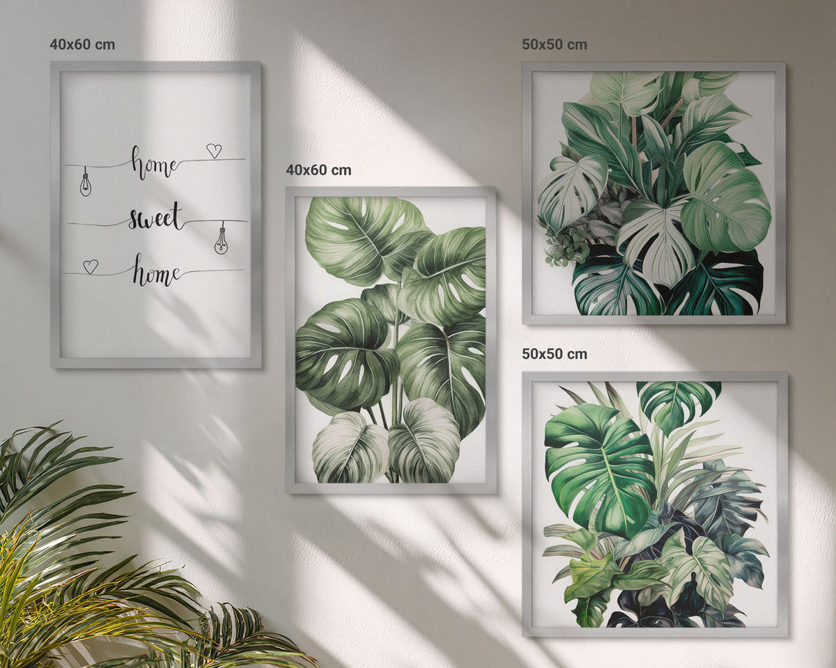 BILDER SET 4er Set - 50x50 cm & 40x60 cm Silberner Rahmen - Aquarell-Monstera-Blätter - Silberfarben, Kunststoff (50/50cm) - TULUP