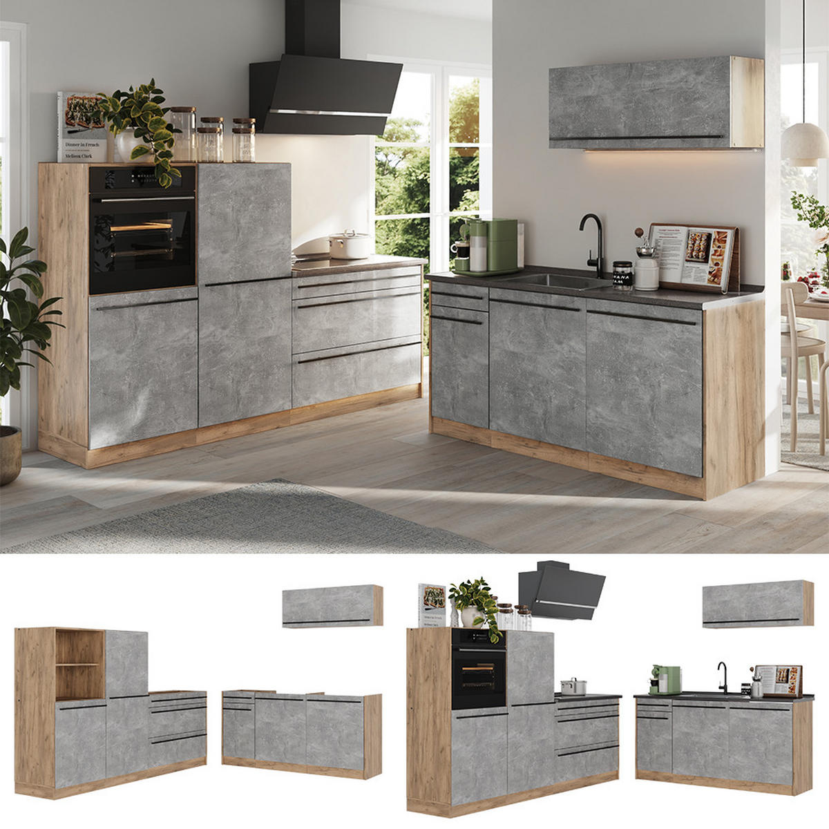 KÜCHENZEILE R-Line, Beton/Goldkraft Eiche, 220 cm ohne Arbeitsplatte - Eichefarben/Grau, Holzwerkstoff (220/143/46cm) - Vicco