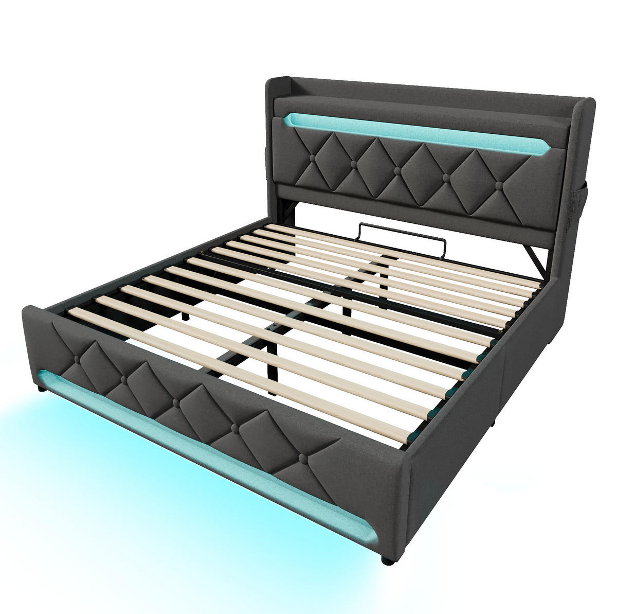 POLSTERBETT 160/200 cm Grau Stauraum mit USB- und Type-C-Anschlüssen und 360-Grad-LED-Beleuchtung - Grau, Textil (160/200cm) - OKWISH