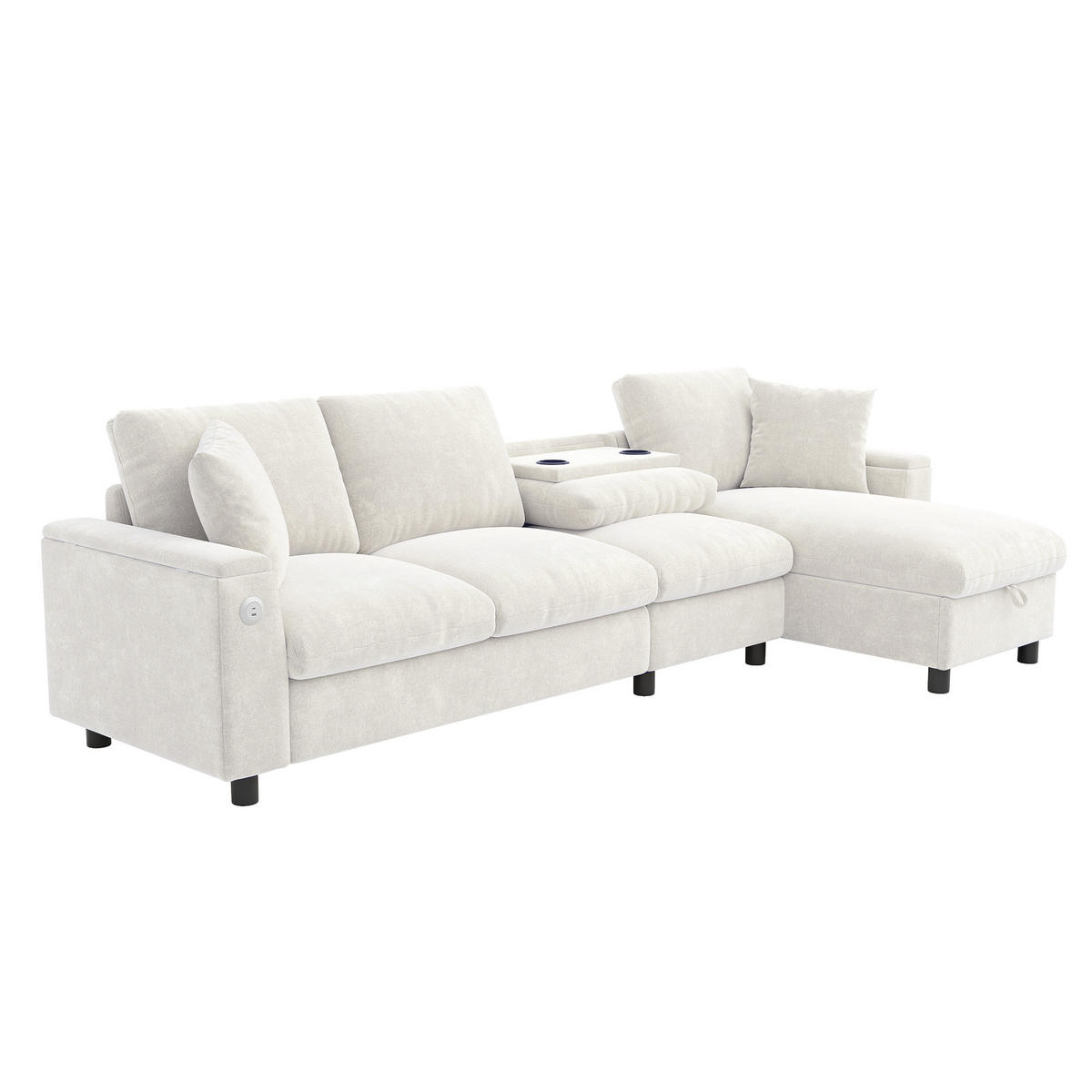 ECKSOFA DE-33393 L-Form mit ausklappbarem Tisch und USB Beige - Beige, Metall (280/137cm) - ComfortXL