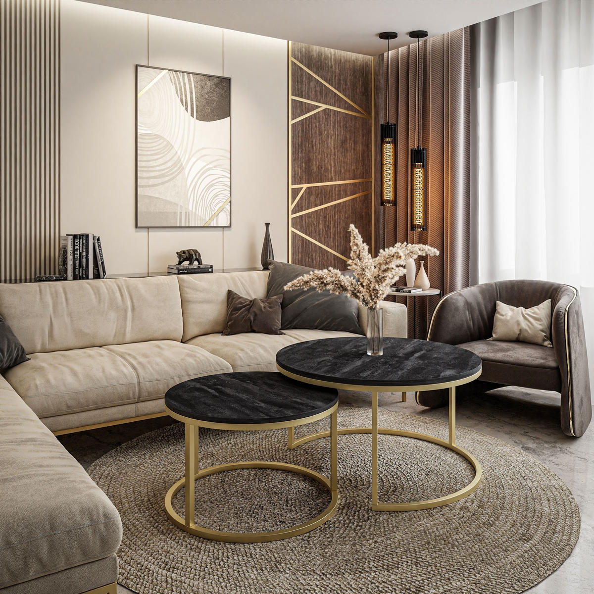 RUNDER Couchtisch 2in1 CIRI gold dunkler Beton 80/60 cm - Goldfarben/Grau, Holzwerkstoff (80/80/48cm) - Lookway