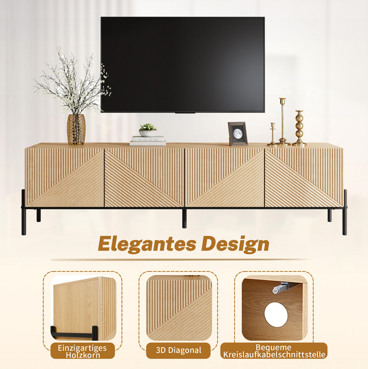 TV-LOWBOARD 163,5/40/45 cm mit 4 Türen, Push-to-Open und Kabeldurchlässen, Natur - Hellbraun, Holzwerkstoff (163.5/45/40cm) - Redom